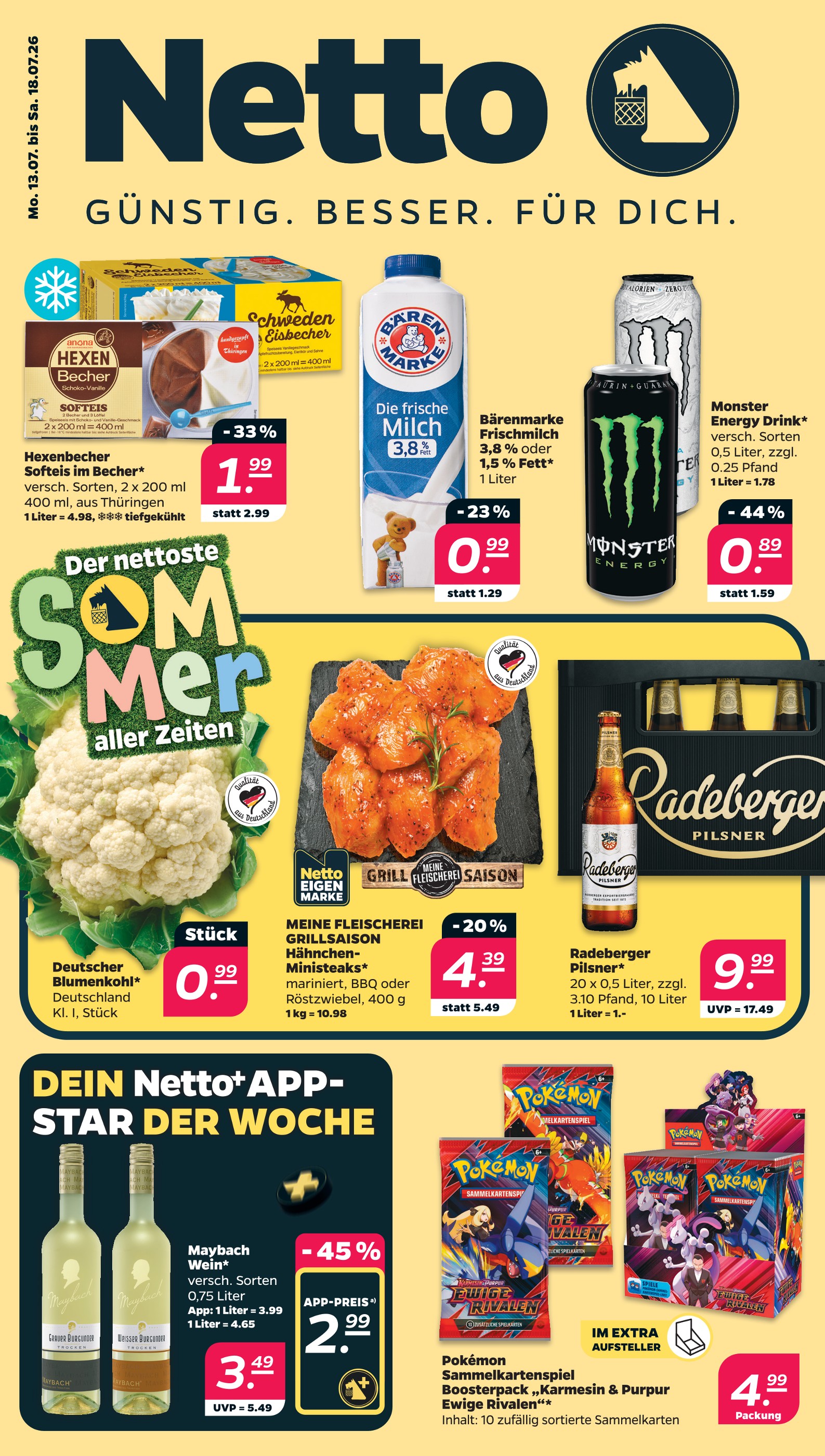 Aktueller Netto mit dem Scottie Discounter Prospekt in Pritzwalk und Umgebung, "Günstig. Besser. Für Dich." mit 36 Seiten, 13.07.2026 - 18.07.2026
